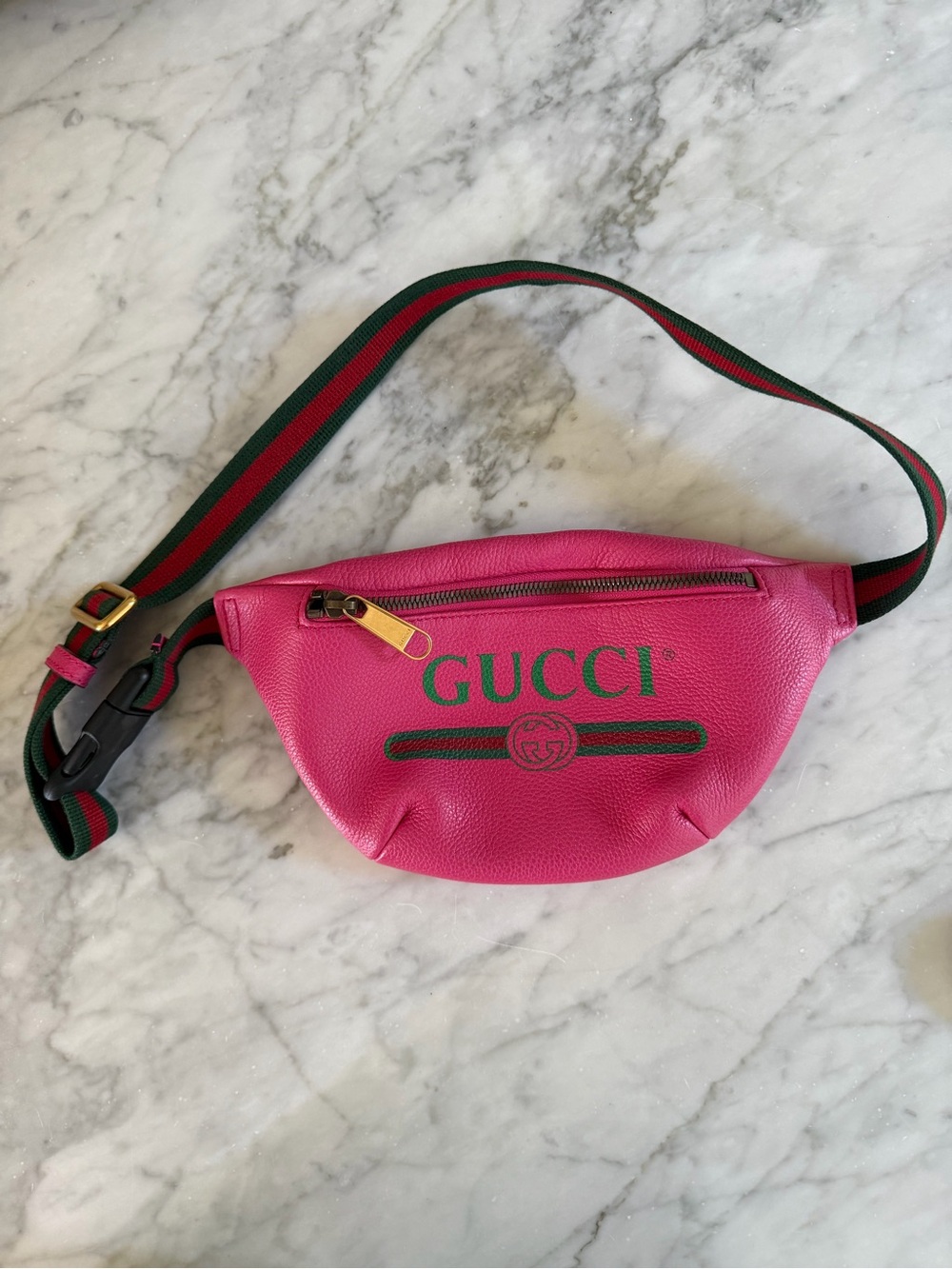 Gucci Hot Pink Leather Belt Bag with Green-Red Web Strap